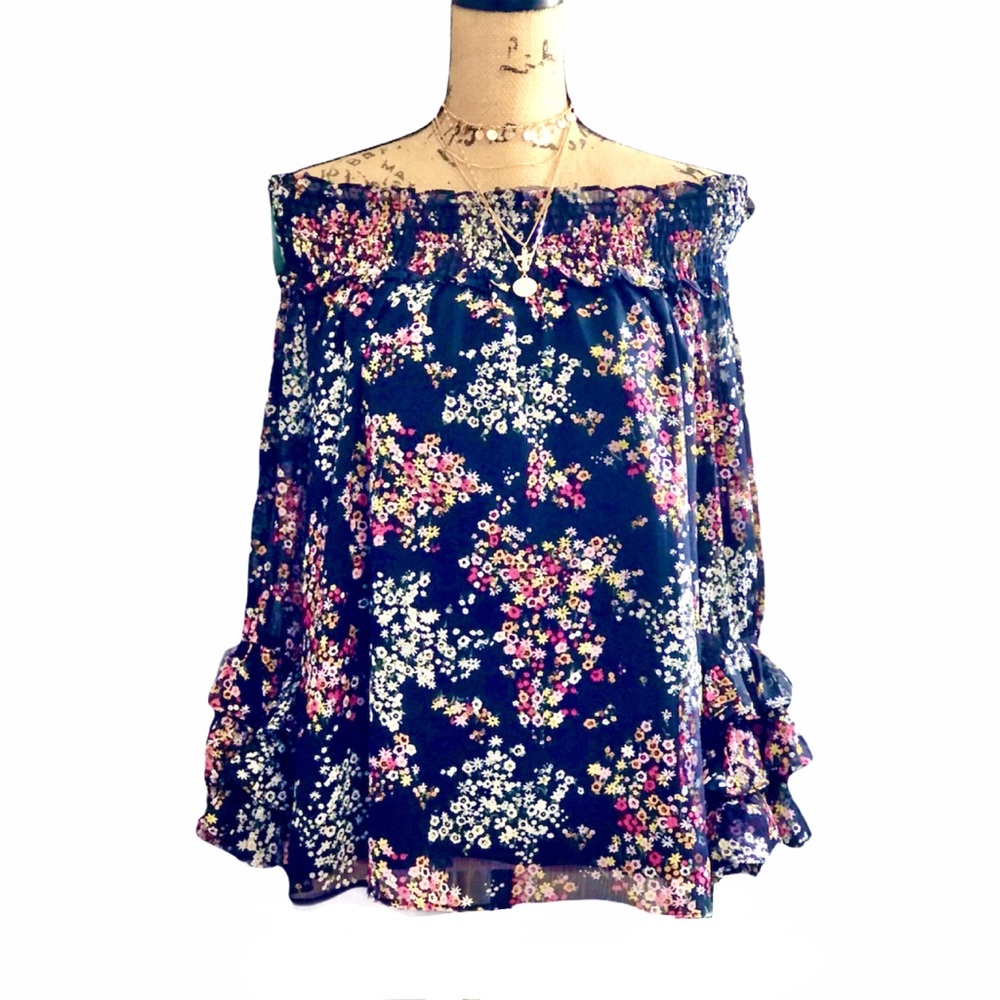 CeCe Off-The-Shoulder Long Floral Ruffle Sleeve